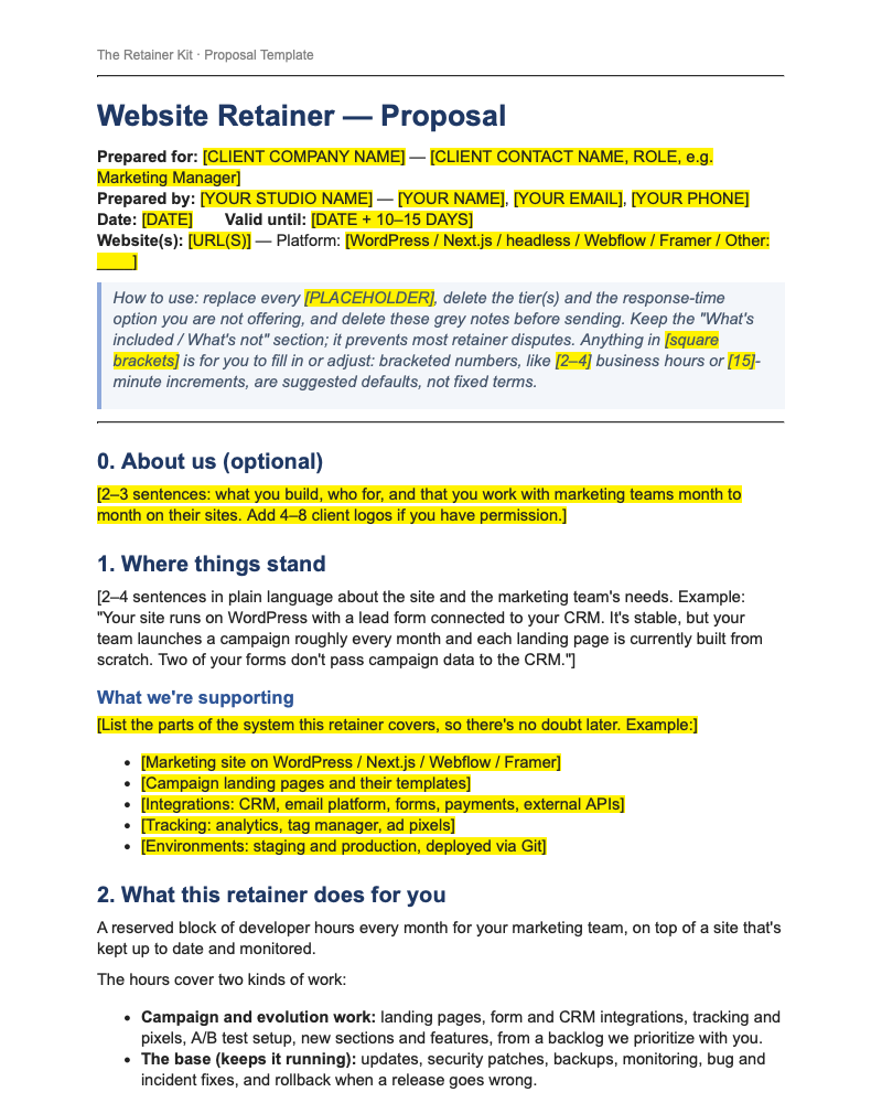 First page of the proposal template (02): the prepared-for block, the how-to-use note, and the sections About us, Where things stand, What we're supporting and What this retainer does for you. Fill-in fields are highlighted in yellow.